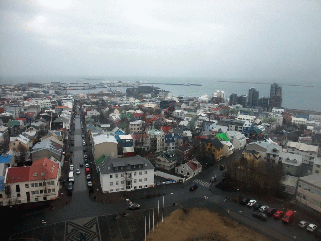 The city center with the Skólavörðustígur street and the Harpa Concert Hall, viewed from the tower of the Hallgrímskirkja church