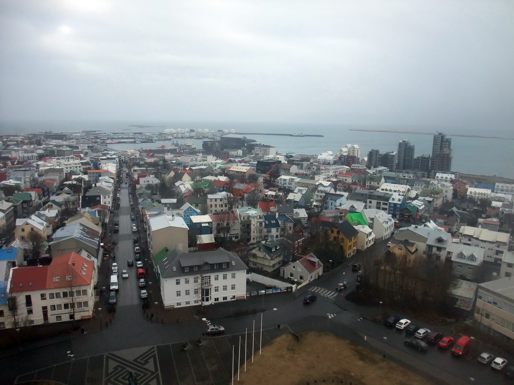 The city center with the Skólavörðustígur street and the Harpa Concert Hall, viewed from the tower of the Hallgrímskirkja church