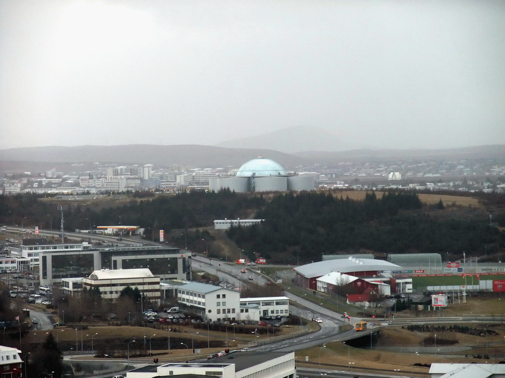 The Perlan building and surroundings, viewed from the tower of the Hallgrímskirkja church