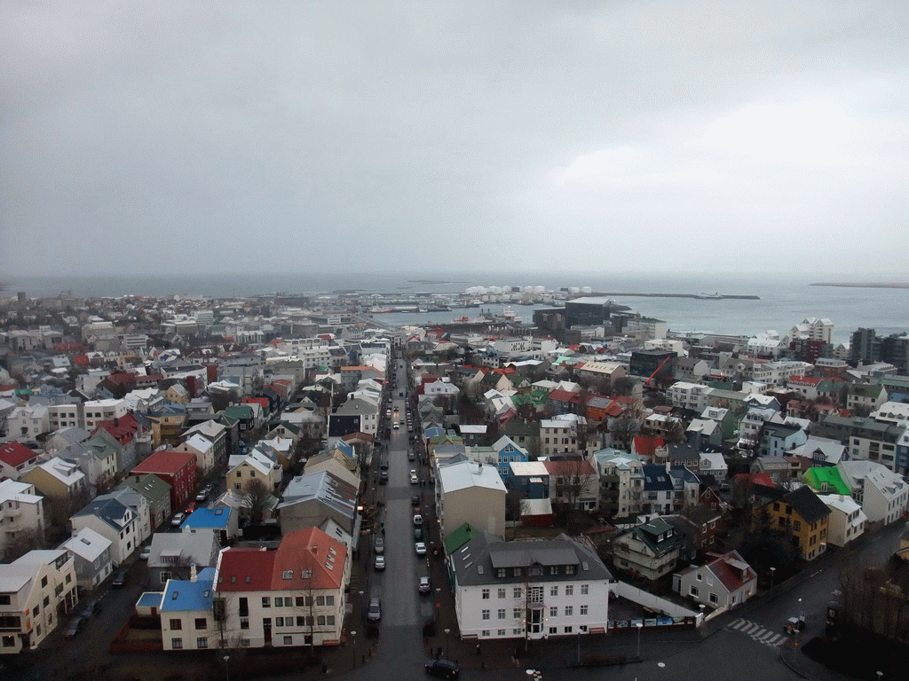 The city center with the Skólavörðustígur street and the Harpa Concert Hall, viewed from the tower of the Hallgrímskirkja church