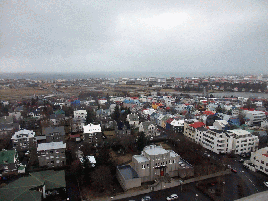 The southwest side of the city with Reykjavík Airport and the Tjörnin lake, viewed from the tower of the Hallgrímskirkja church