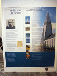 Information on Hallgrímur Pétursson and the Hallgrímskirkja church, in the tower of the Hallgrímskirkja church