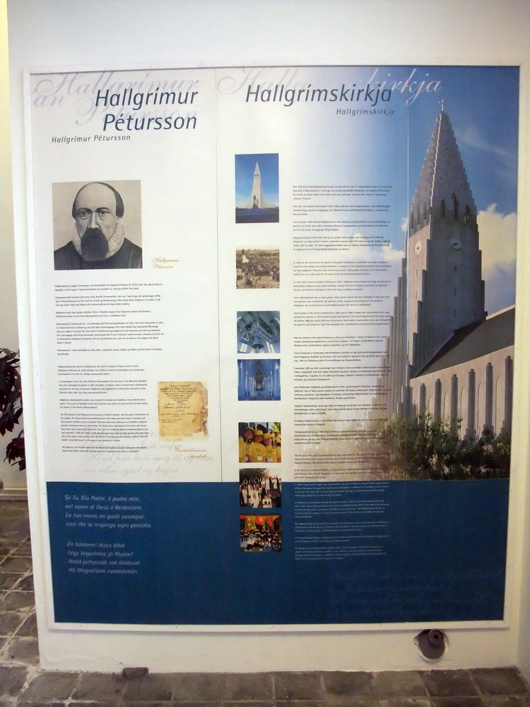 Information on Hallgrímur Pétursson and the Hallgrímskirkja church, in the tower of the Hallgrímskirkja church