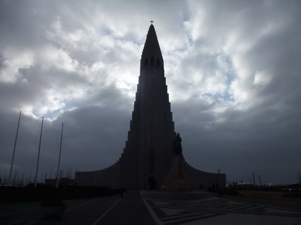 Statue of Leif Ericson at the Eriksgata street and the front of the Hallgrímskirkja church