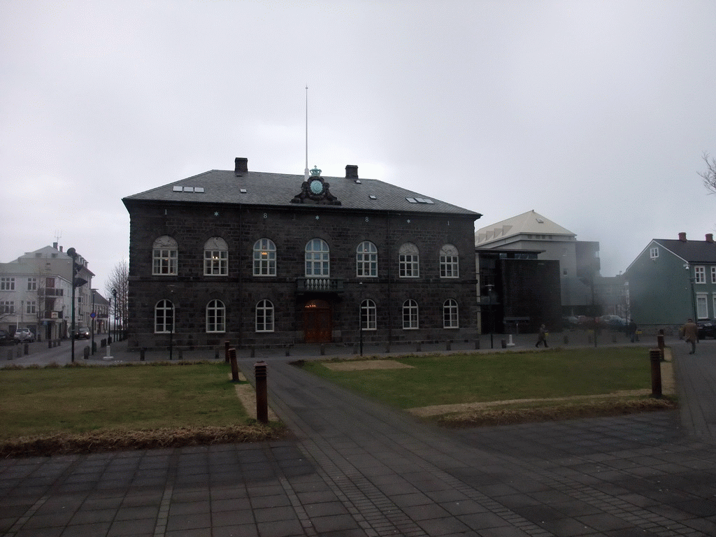 The Alþingi (Icelandic Parliament) building at the Kirkjustræti street
