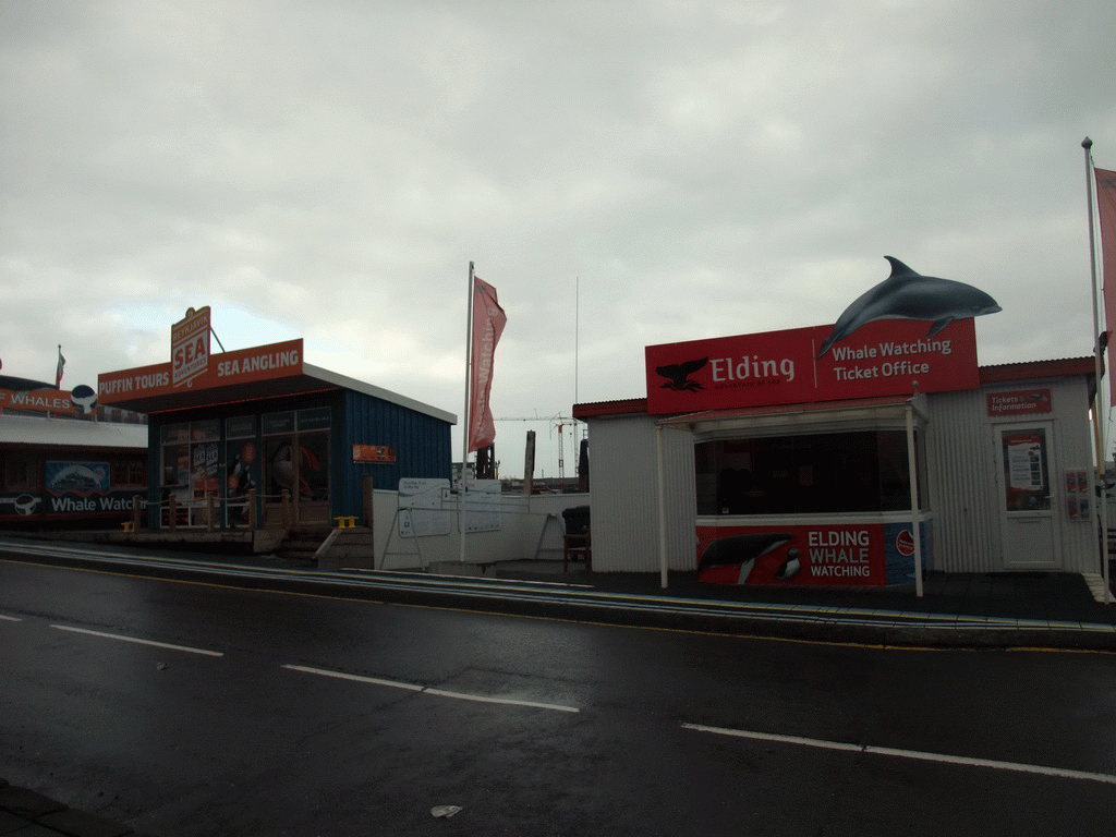 Ticket booths for puffin and whale watching tours in the Old Harbour