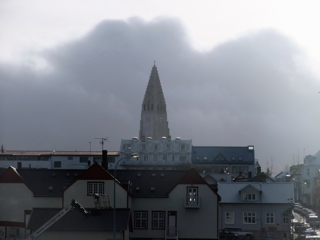 View on the tower of the Hallgrímskirkja church and surroundings from the Sculpture and Shore Walk