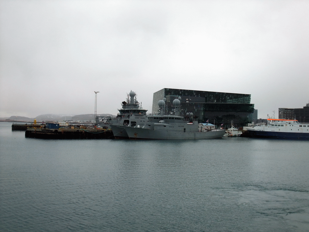 Boats in the Old Harbour and the Harpa Concert Hall, viewed from the Whale Watching Tour Boat