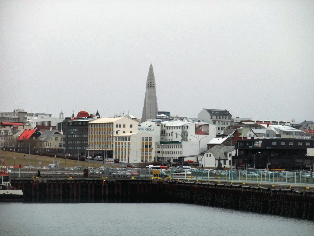 The tower of the Hallgrímskirkja church and surroundings, viewed from the Whale Watching Tour Boat