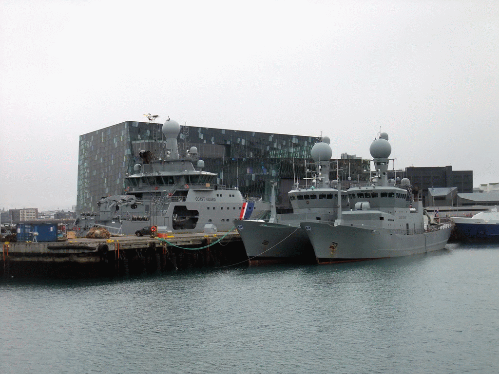 Boats in the Old Harbour and the Harpa Concert Hall, viewed from the Whale Watching Tour Boat