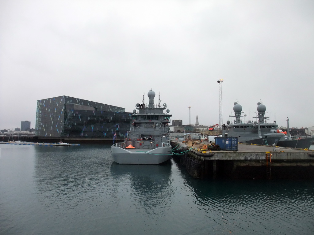 Boats in the Old Harbour and the Harpa Concert Hall, viewed from the Whale Watching Tour Boat