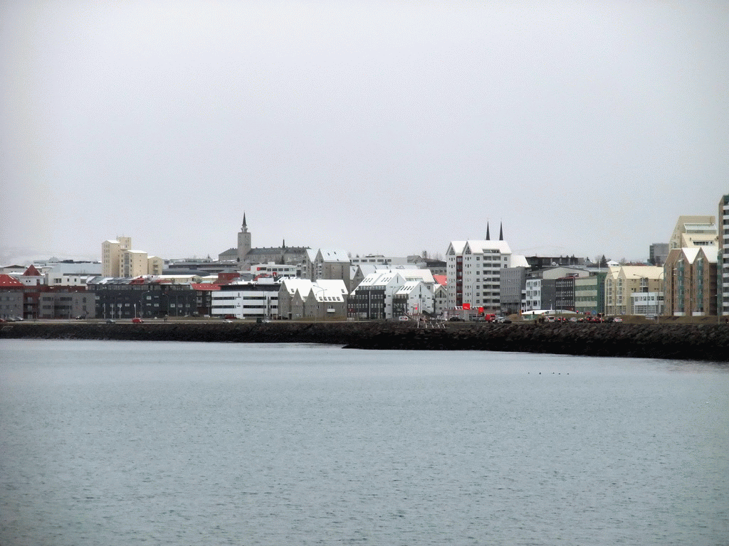 The Sculpture and Shore Walk with the sculpture `The Sun Voyager` and the towers of the Háteigskirkja church and the Tækniskólinn school, viewed from the Whale Watching Tour Boat