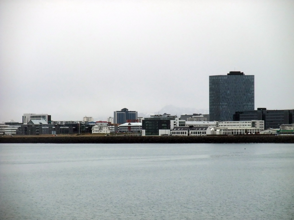 The Sæbraut street and the Höfði house, viewed from the Whale Watching Tour Boat