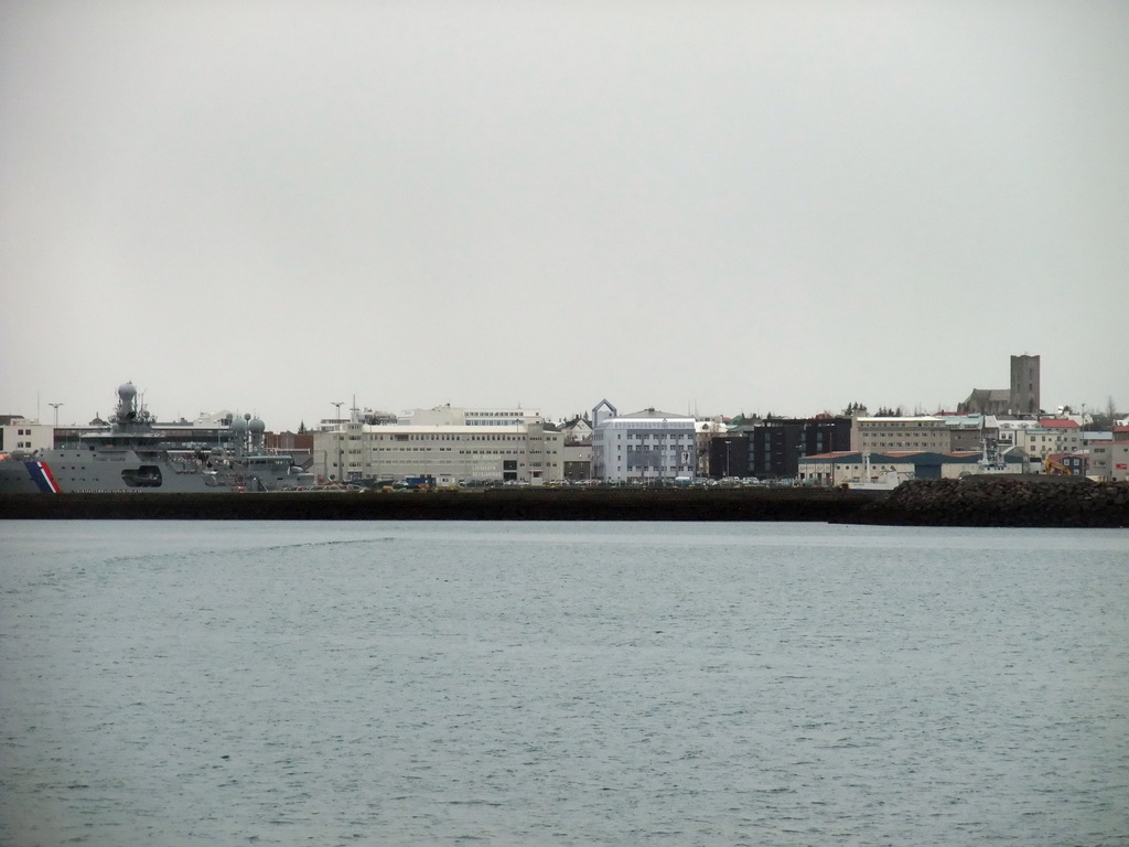 The city center with the tower of the Landakotskirkja church, viewed from the Whale Watching Tour Boat