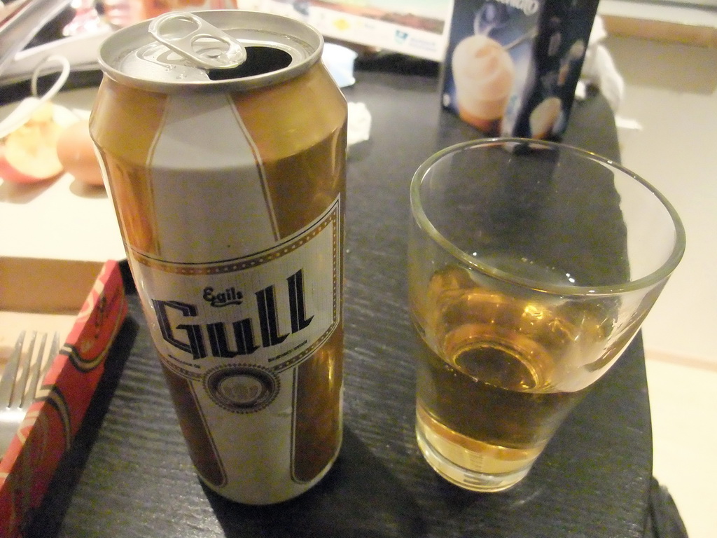 Egils Gull beer during dinner at our room in Alfred`s Apartments