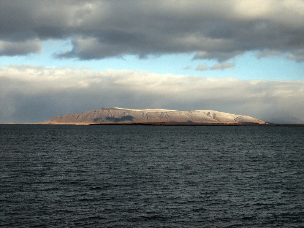 The Atlantic Ocean, the Engey Island with its lighthouse and the Akrafjall mountain, viewed from the Sculpture and Shore Walk
