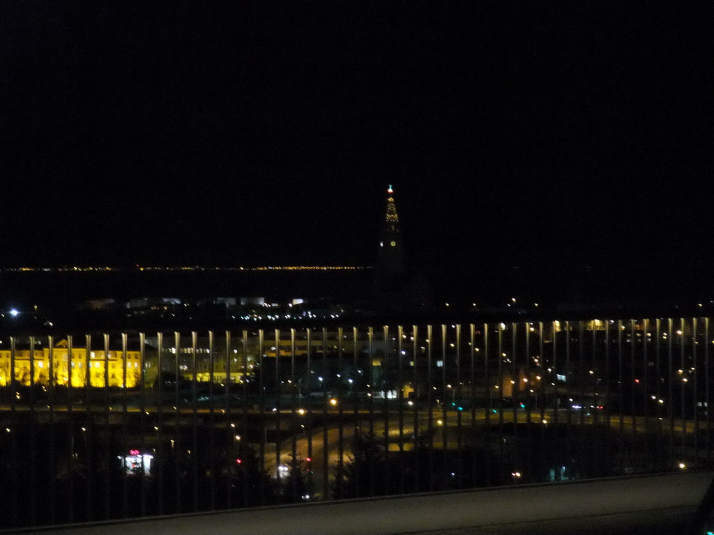 The tower of the Hallgrímskirkja church, viewed from the roof of the Perlan building, by night