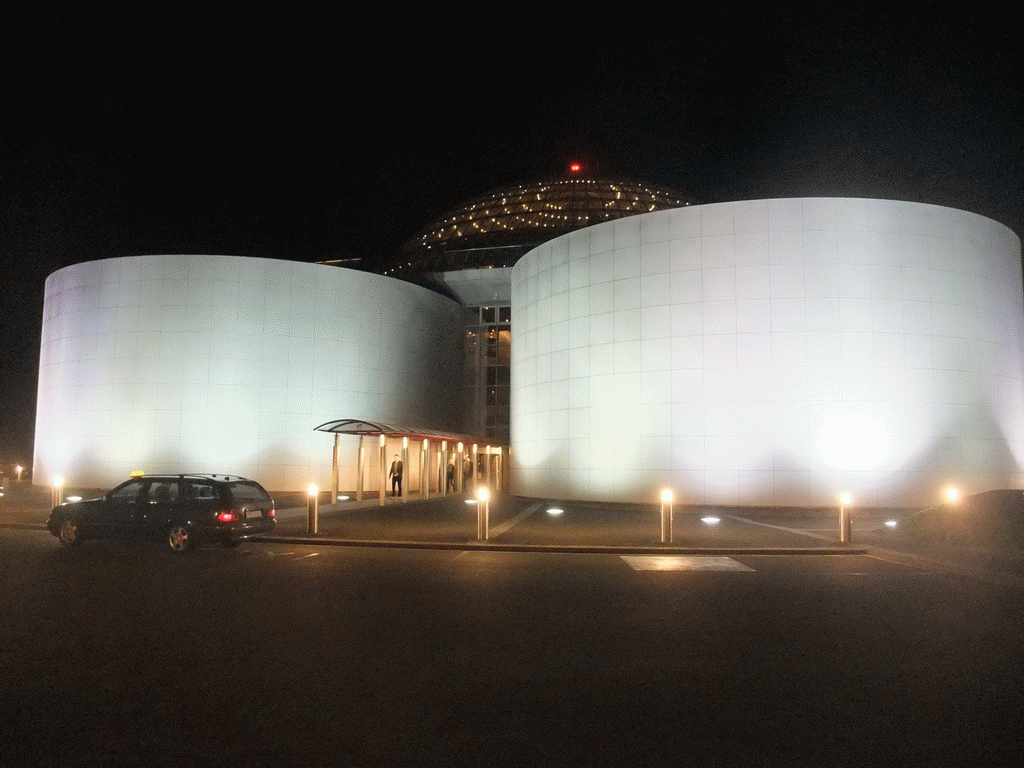 Front of the Perlan building, by night