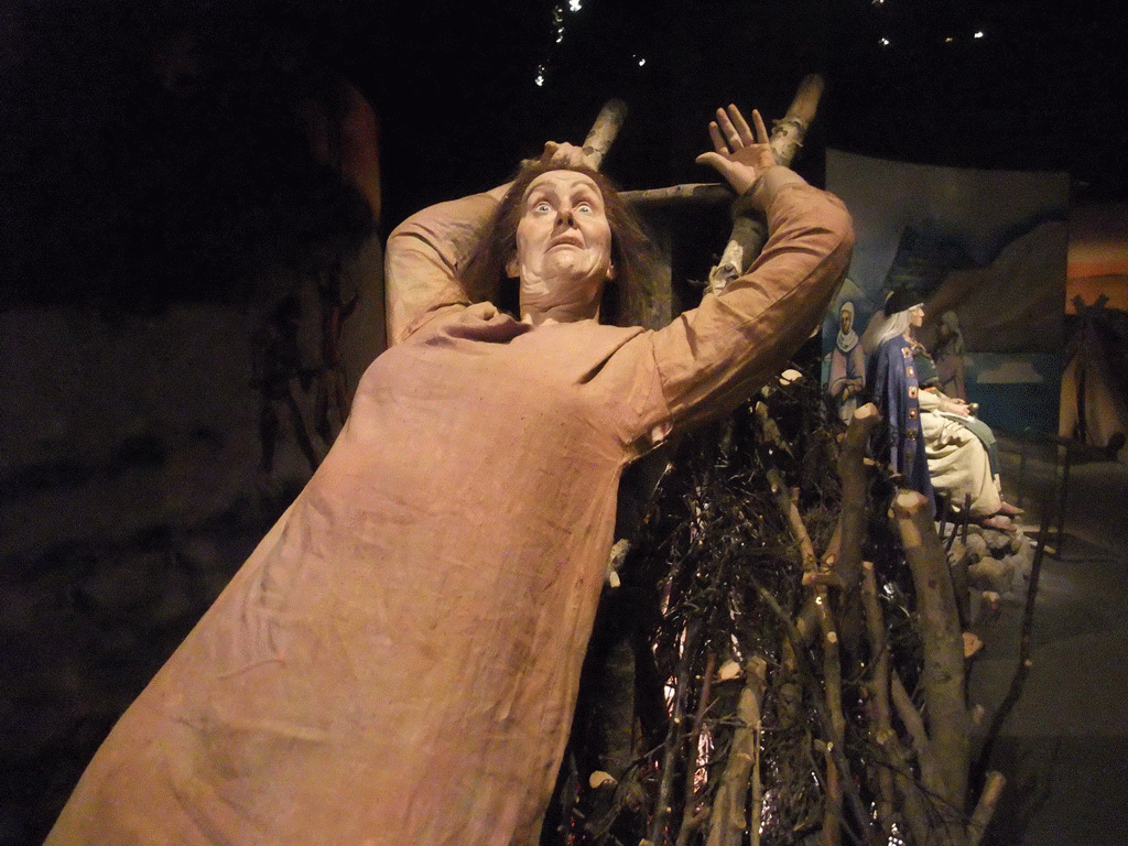 Wax statue of Sister Katrín being burned at the stake, at the Saga Museum in the Perlan building