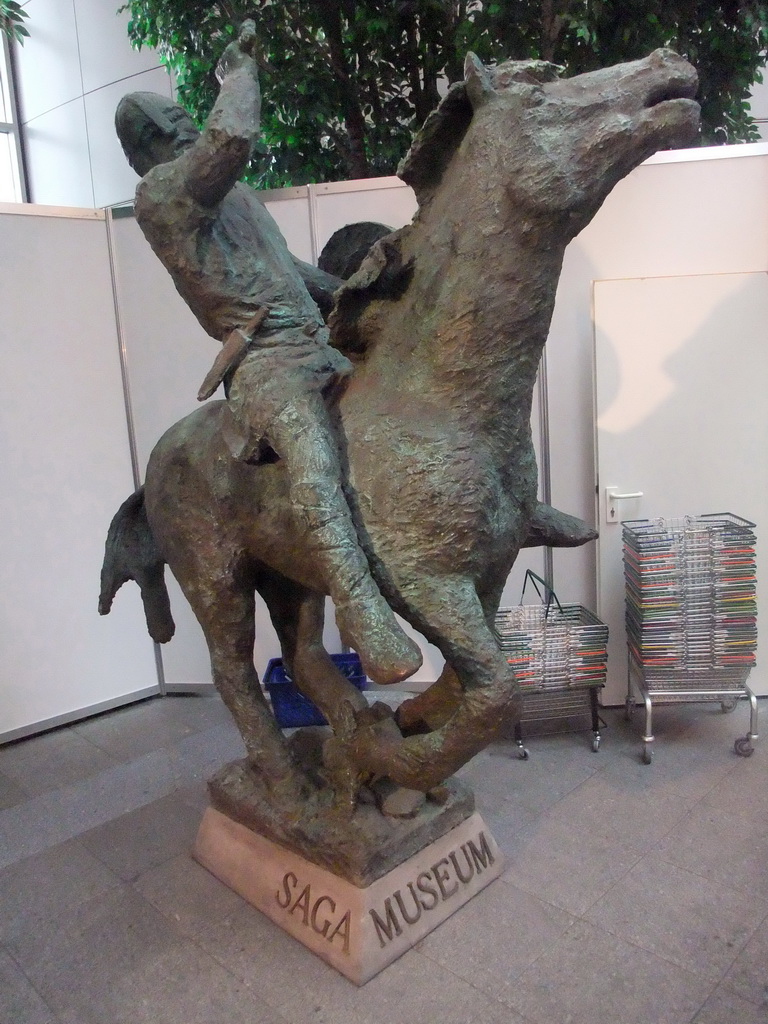 Statue at the entrance of the Saga Museum in the Perlan building
