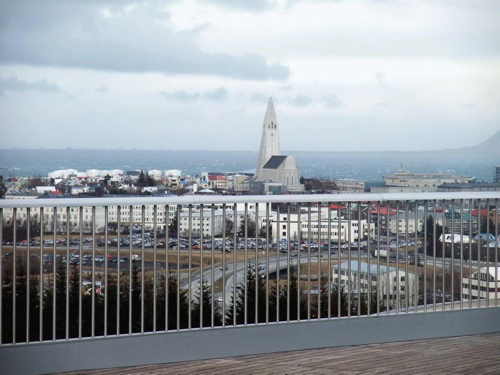 The city center with the tower of the Hallgrímskirkja church, viewed from the roof of the Perlan building