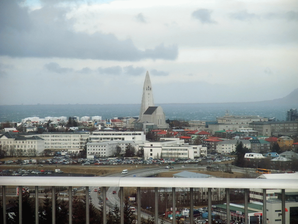 The city center with the tower of the Hallgrímskirkja church, viewed from the roof of the Perlan building