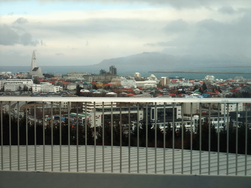 The city center with the tower of the Hallgrímskirkja church, viewed from the roof of the Perlan building