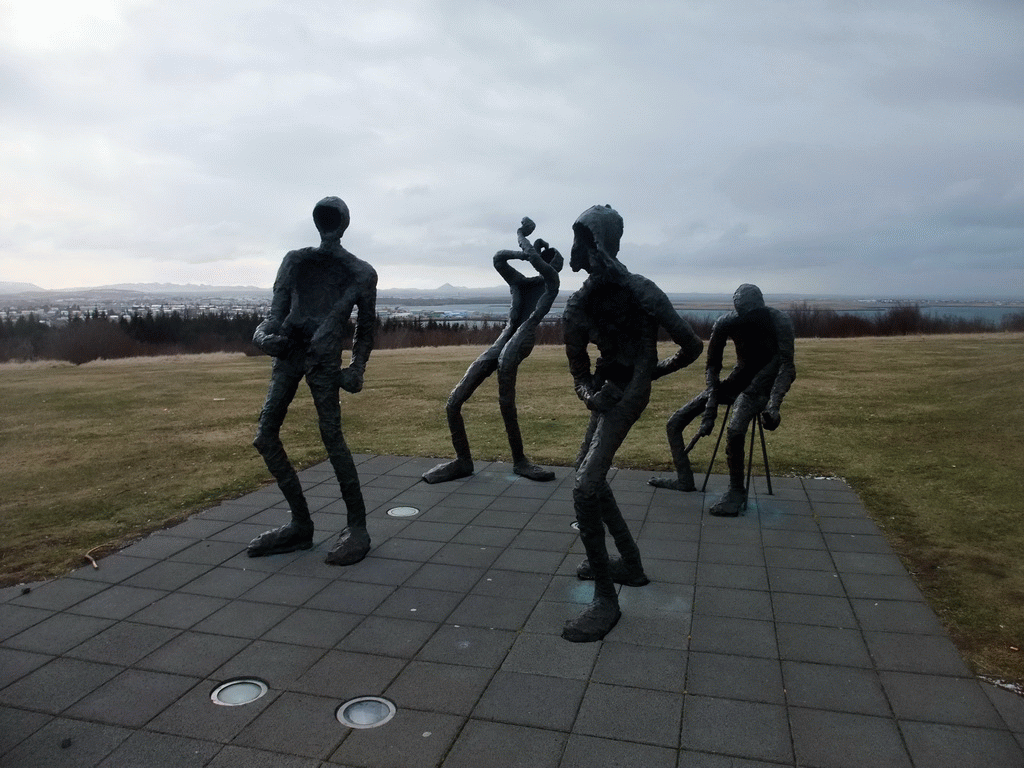 Sculptures `Dansleikur` by Torbjorg Palsdottir in front of the Perlan building