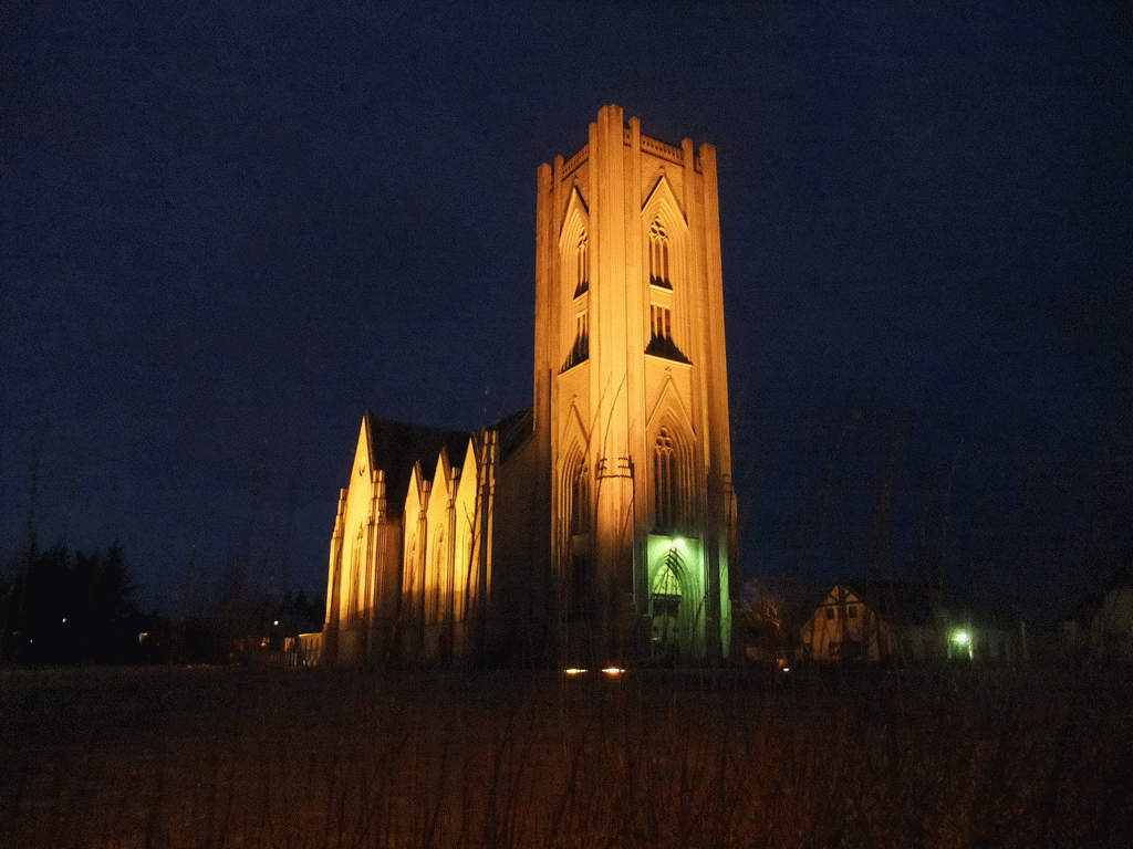 The Landakotskirkja church, by night