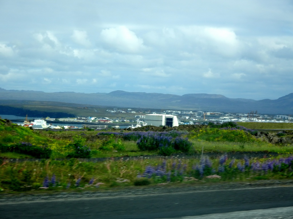 The town of Reykjanesbær, viewed from the rental car on the Reykjanesbraut road