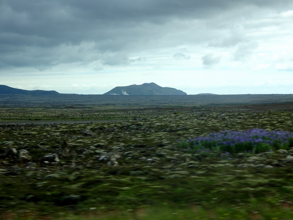 Smoke from the Svartsengi Power Station and the Blue Lagoon geothermal spa, viewed from the rental car on the Reykjanesbraut road