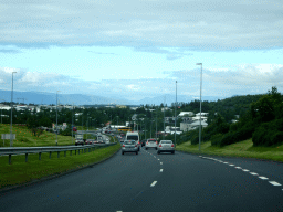 The Reykjanesbraut road through Hafnarfjörður, viewed from the rental car