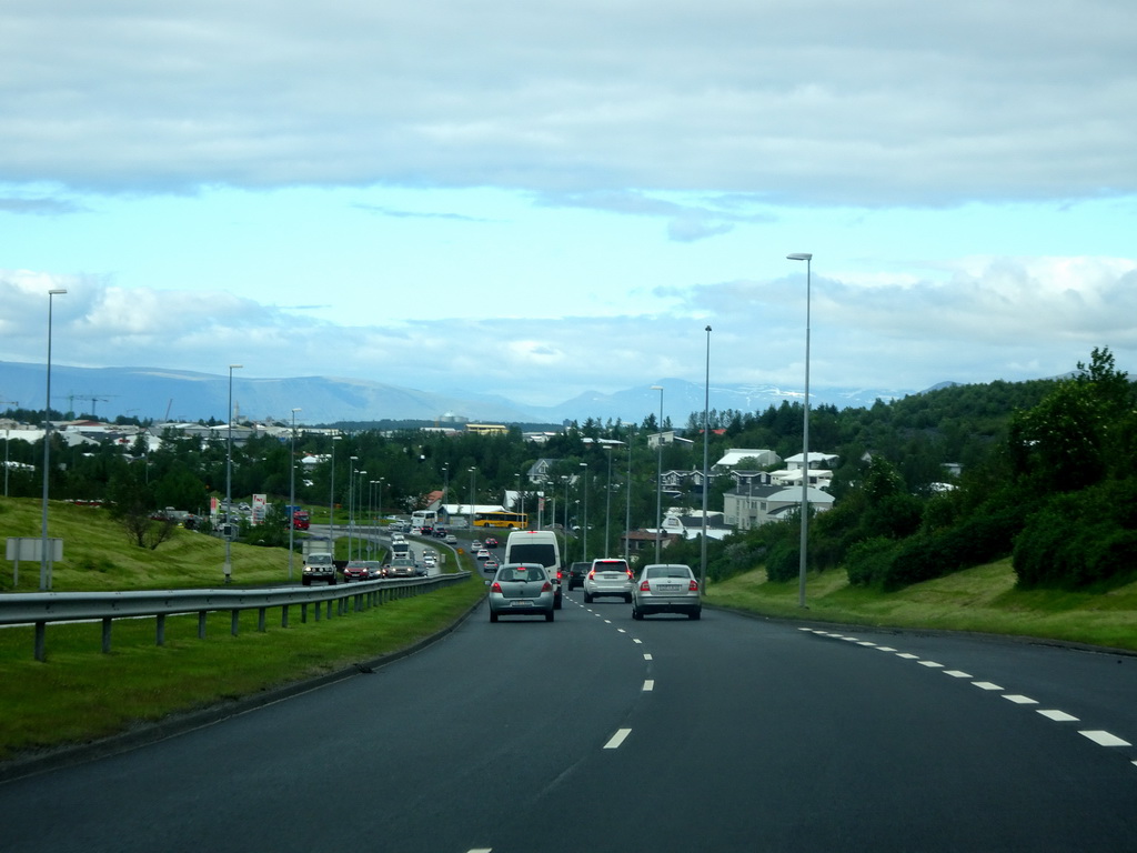 The Reykjanesbraut road through Hafnarfjörður, viewed from the rental car
