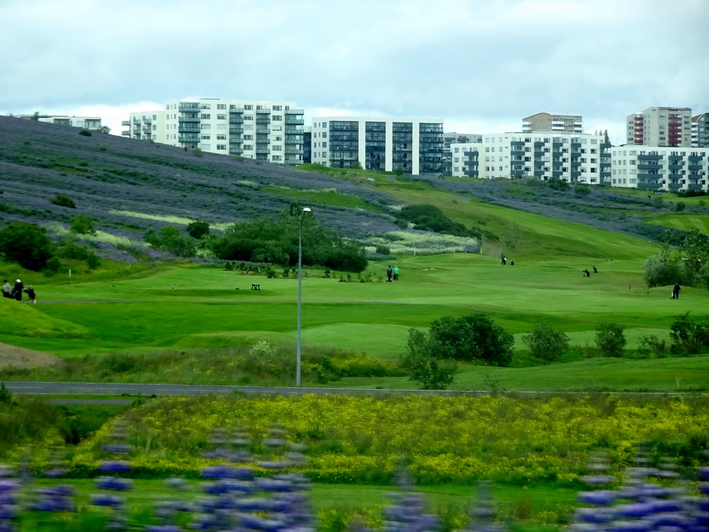 The Vífilsstaðavöllur golf course at Kópavogur, viewed from the rental car on the Reykjanesbraut road