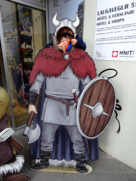 Max with a cardboard Viking in front of a souvenir shop below the Hereford Steikhús restaurant at the Laugavegur street