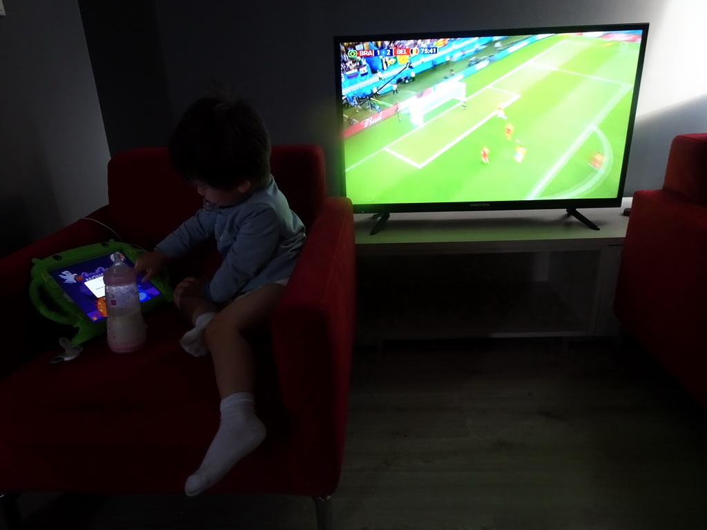Max and a TV screen with the world cup football 2018 in the living room of our apartment at the Icelandic Apartments at Kópavogur