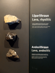 Rhyolitic and andesitic lava rocks, at the Wonders of Iceland exhibition at the Ground Floor of the Perlan building, with explanation