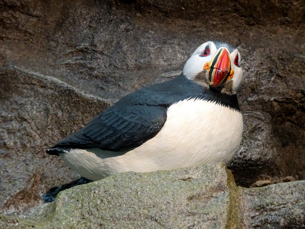 Puffin statue at the model of the Látrabjarg Cliff at the Wonders of Iceland exhibition at the Ground Floor of the Perlan building