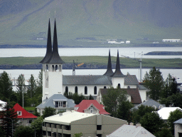 The city center with the Háteigskirkja church and Mount Esja, viewed from the roof of the Perlan building