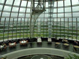The dome of the Perlan building with the Perlan restaurant and a view on the city center, viewed from the Sixth Floor