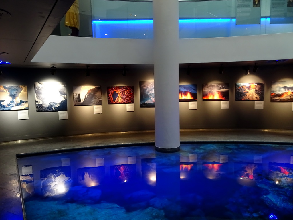 Photographs and pond at the basement of the Perlan building