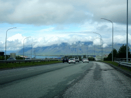 The Reykjanesbraut street and Mount Esja, viewed from the rental car
