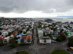 The city center with the Skólavörðustígur street and the Harpa Concert Hall, viewed from the tower of the Hallgrímskirkja church