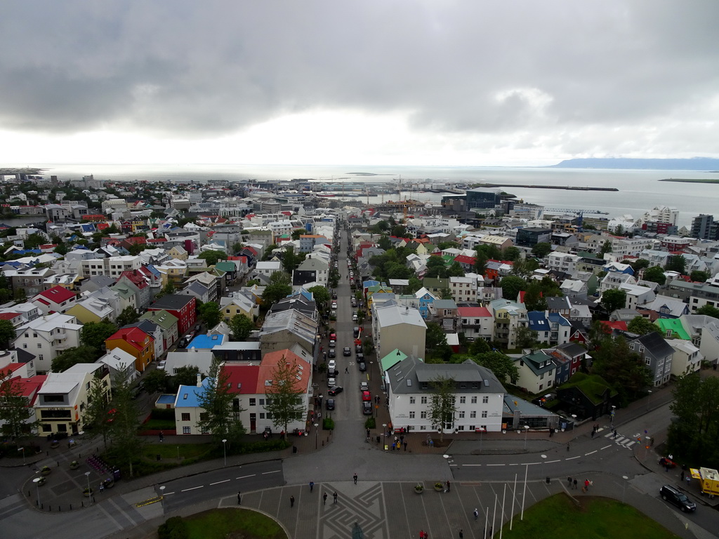 The city center with the Skólavörðustígur street and the Harpa Concert Hall, viewed from the tower of the Hallgrímskirkja church