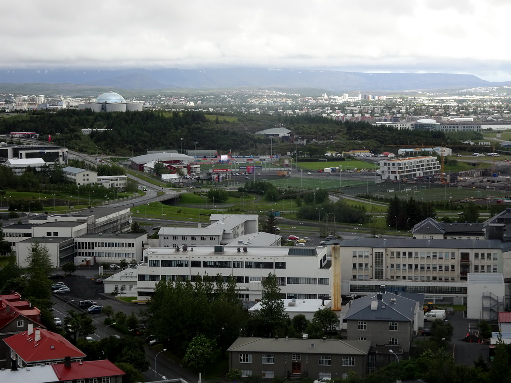 The southeast side of the city with the Perlan building, viewed from the tower of the Hallgrímskirkja church