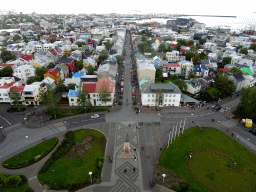 The city center with the statue of Leif Ericson, the Skólavörðustígur street and the Harpa Concert Hall, viewed from the tower of the Hallgrímskirkja church