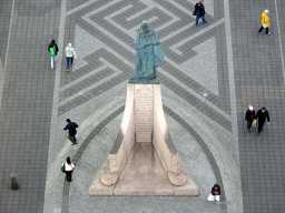 The back side of the statue of Leif Ericson, viewed from the tower of the Hallgrímskirkja church