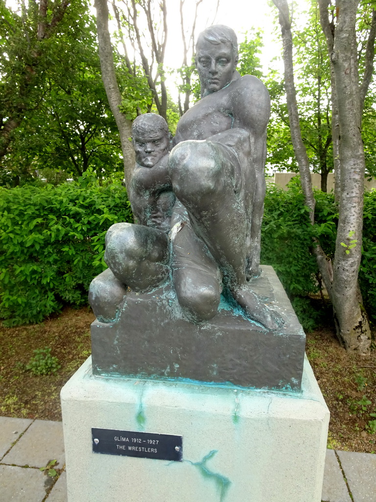 Sculpture `The Wrestlers` at the Einar Jónsson Sculpture Garden, with explanation