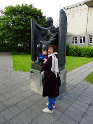 Miaomiao and Max with the sculpture `Protection` at the Einar Jónsson Sculpture Garden, with explanation