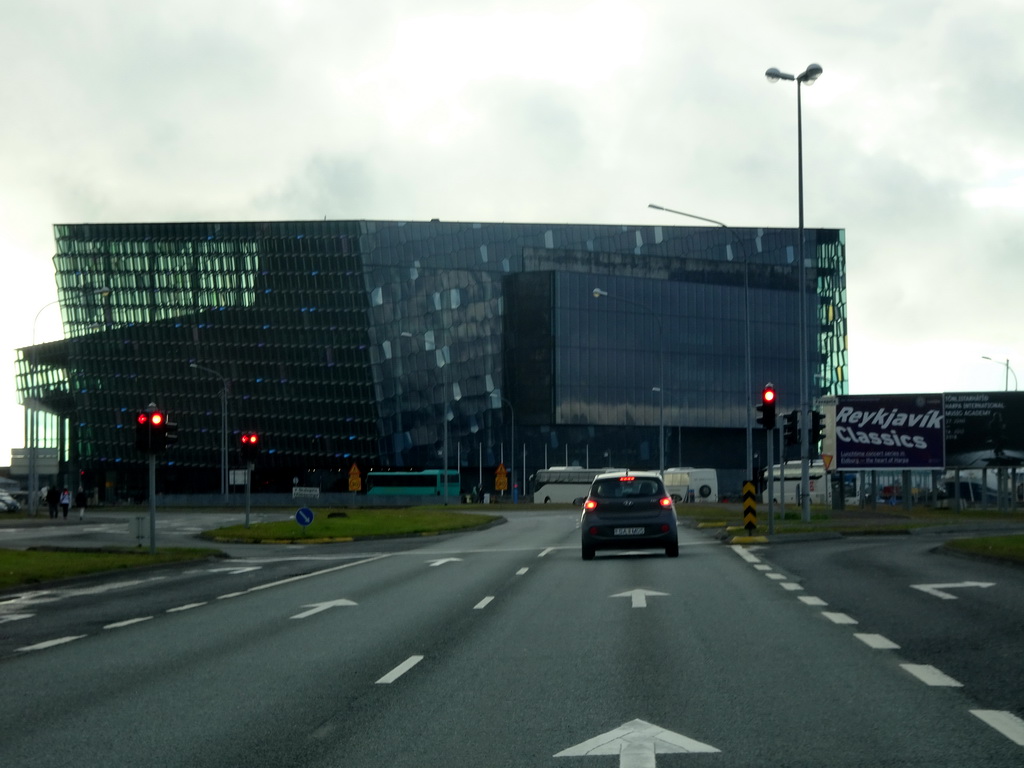The Sæbraut street and the Harpa Concert Hall, viewed from the rental car